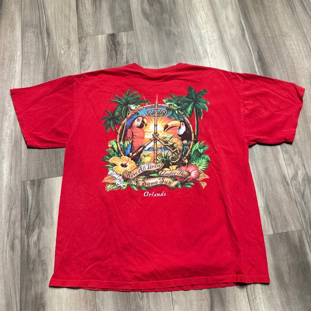 Ron Jon Surf Shop Orlando Red Graphic T-Shirt XL Peace Sign Tropical Animals